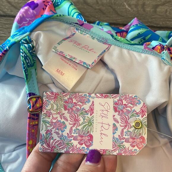 Stella Parker Ruffle Front Light Blue Floral One Piece Large Swimsuit NWT - Picture 6 of 6